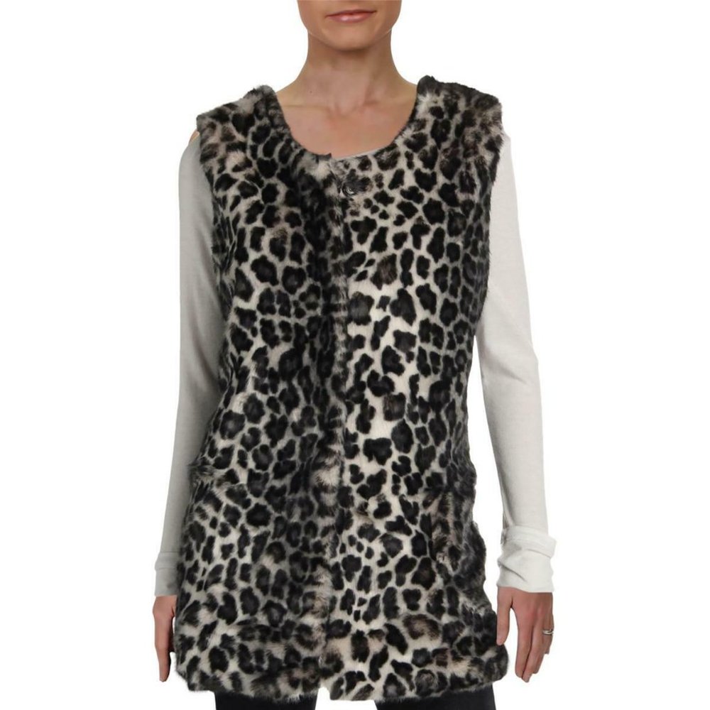 NWT LOLA GRAY BLACK FAUX FUR LONG LEOPARD VEST XL